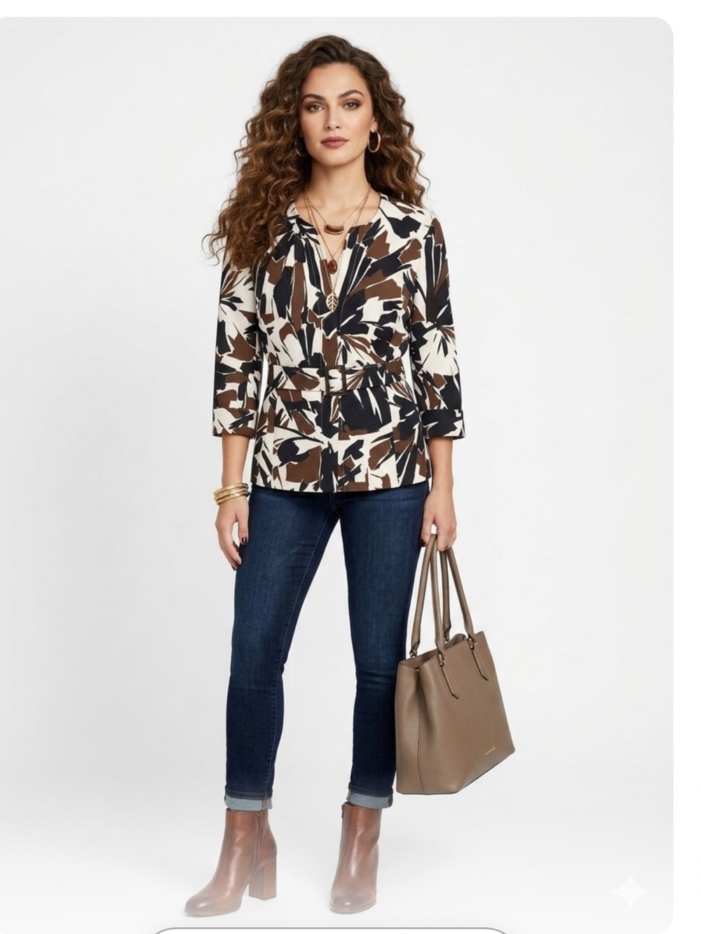 Harve Benard Brown, Black & Cream Leaf-Print Open Blazer